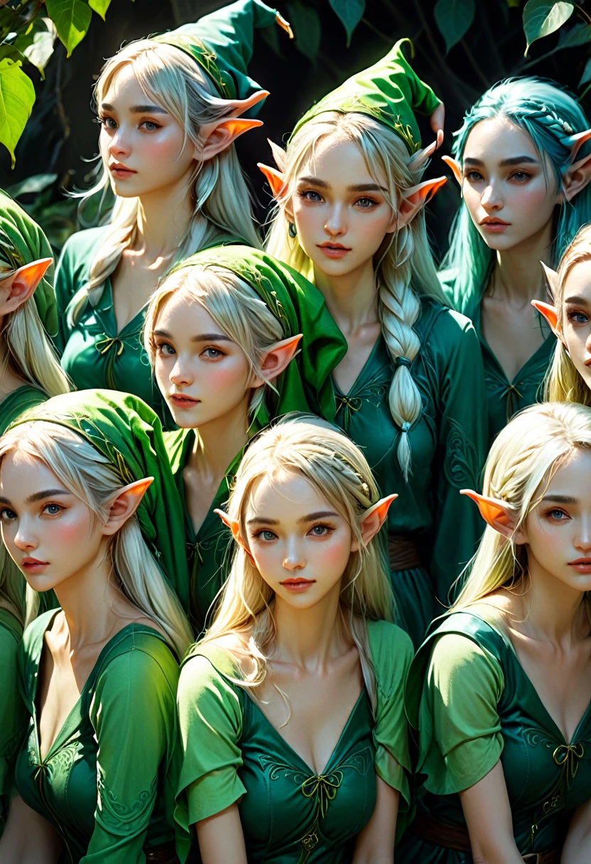 (((masterpiece))), Highest quality, Depicting a group of beautiful female elves、Highly detailed gouache style painting portrait, Smooth Shadows, Ultra-realistic textures, 8K, Highest quality, Characteristics of realistic manga, Stylized illustration, Smooth Shadows, Correct Anatomy, chromatic aberration, Neon Highlights, Global Warming Light, Dynamic pose, Expressive