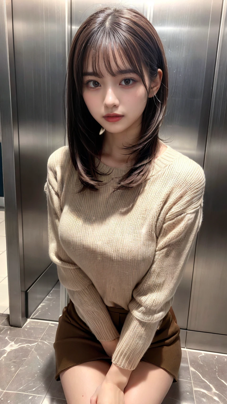 ((married women in their 30s))、In the elevator hall of the apartment, women facing the front、Light long-sleeved sweater、tight skirts、stroking the thigh、(You can see the lines of the body well from the top of the clothes..)、((Seductive facial expressions:1.1))((Beautiful Large Breastiddlebreasts))、Seduction Pose、((Etch Smile))((Random and mature hairstyle))The face is orderly、A detailed face、Beautiful face、Tying hair、Light brown eyes、1girll、Innocence、(Photorealsitic)、(intricate detailes:1.2)、(masterpiece、:1.3)、(top-quality:1.4)、(超A high resolution:1.2)、超A high resolution、(A detailed eye)、(detailed facial features)、8K resolution