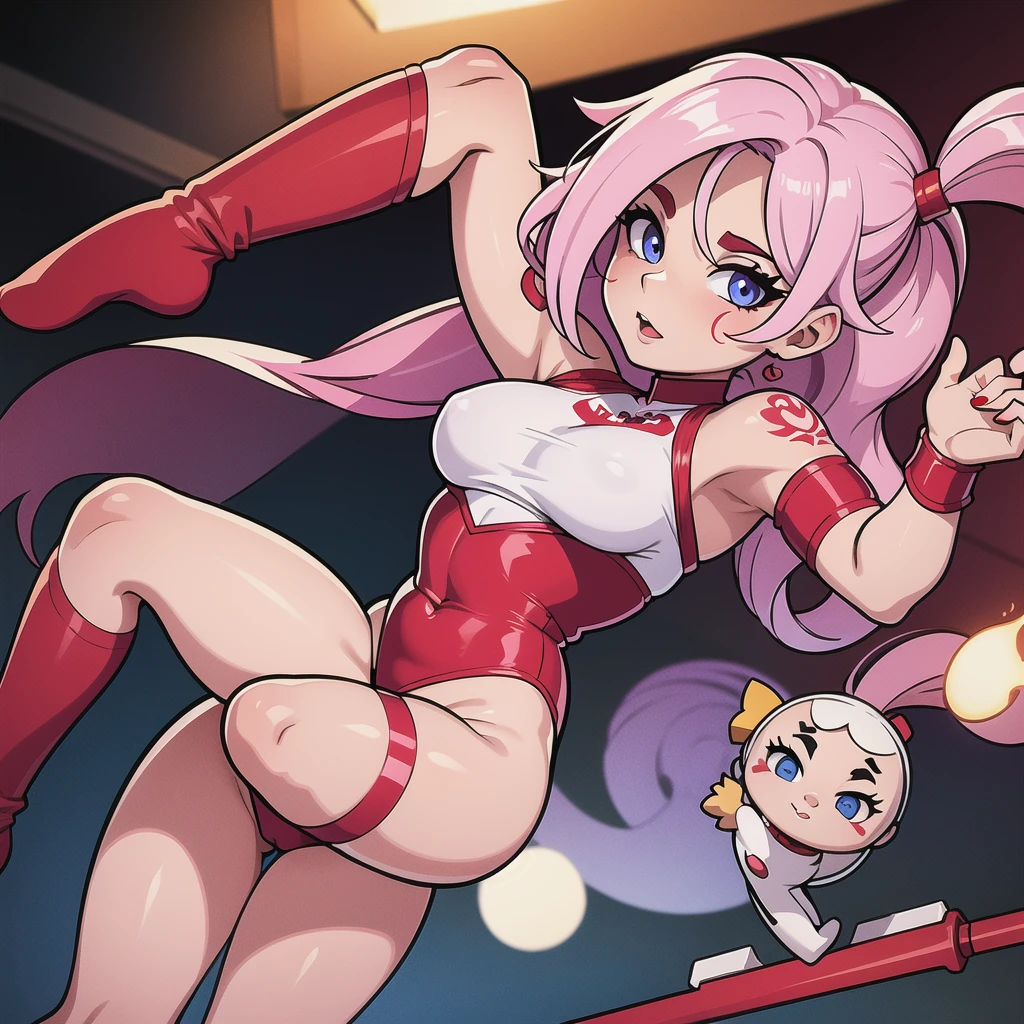 7 beautiful age women with urban clothes on a night of shooting stars on Jupiter.image of a beautiful woman [ whole body ] posing, ((slim, White skin, güero hair with pink platinum, colored eyes, medium breac standing round buttocks giabydoll, with red and white garters and a transparent red thong that shows her tattoos on her right arm. HD,4K ultra detailed