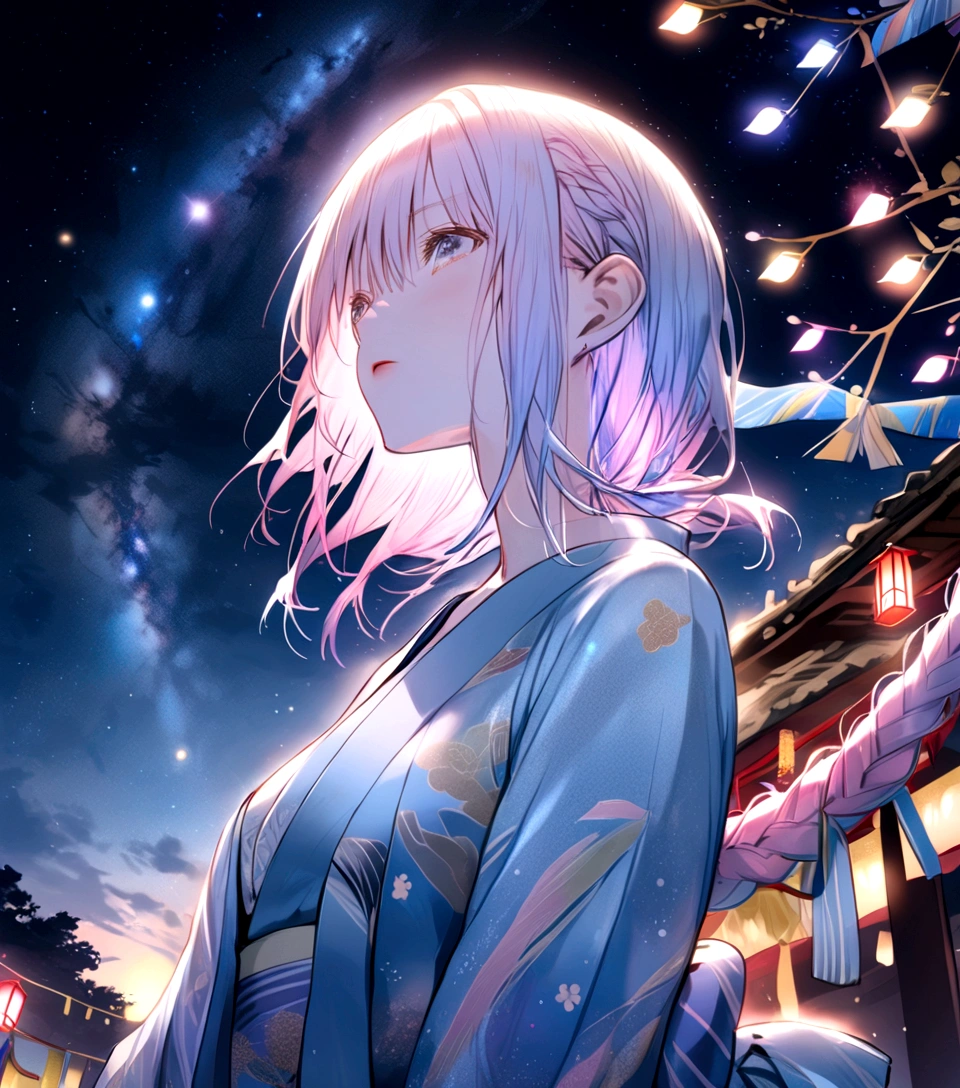 Light pink hair, braided hair, ((Tanabata Festival)), ((Pale blue kimono)), looking up at the night sky, ((Milky Way in the background))