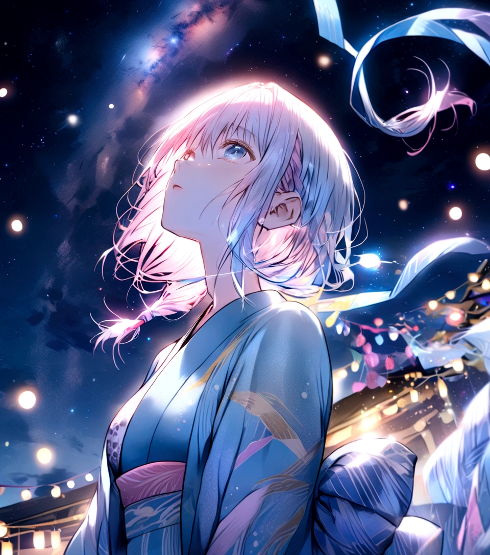Light pink hair, braided hair, ((Tanabata Festival)), ((Pale blue kimono)), looking up at the night sky, ((Milky Way in the background))