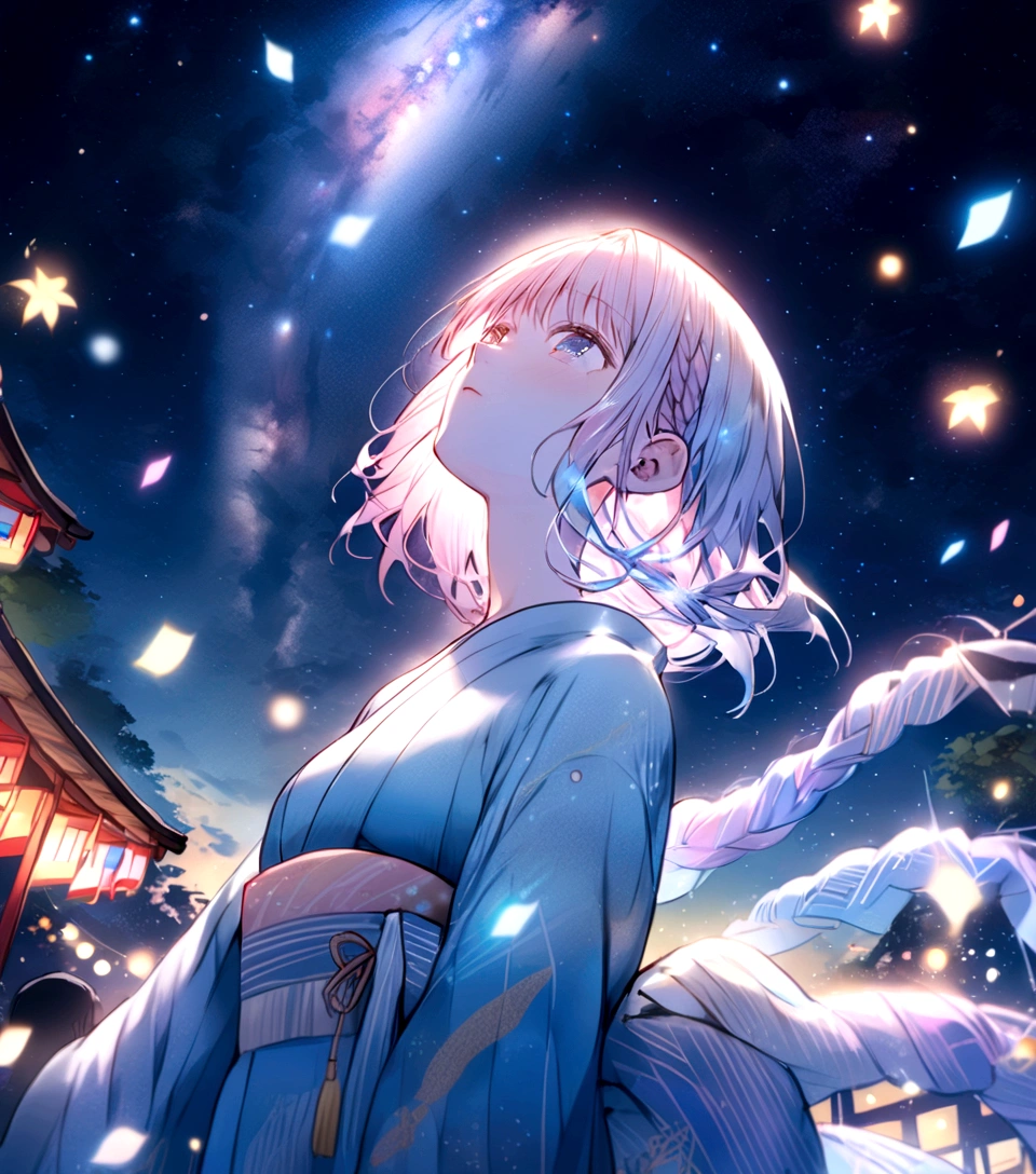 Light pink hair, braided hair, ((Tanabata Festival)), ((Pale blue kimono)), looking up at the night sky, ((Milky Way in the background))