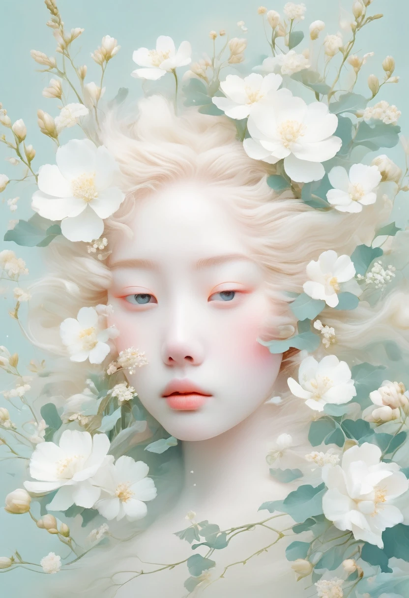 Blonde，White flowers on the face and eyes, Ultra-fine inspired by Hsiao-Ron Cheng, tumblr, Aestheticism, Gu Weiss, artwork in the style of Gu Weiss, Pastel, james jean 和 wlop, makoto kobayashi, Has a blooming and ethereal effect, Blurred dream illustration, Gu Weiss masterpiece