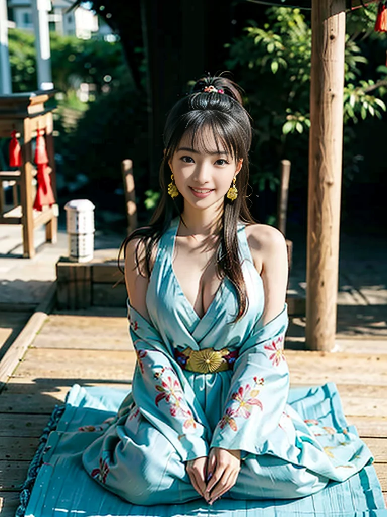 A girl , idol, detailed shrine maiden clothes, Full body shot, turquoise blue and gold shrine maiden clothes, Luxury shrine maiden clothes with detailed embroidery, bare shoulders, long hair, wearing transparent , best quality, (hair ornament:1.35), jewelry, earrings, cherry blossoms, lantern light, depth of field, detailed face, face focus, ribbon_trim, (looking at viewer:1.25), nontraditional miko, shiny skin, long sleeves, Beautiful firm cleavage, beautiful clavicle. big smile , thick lips, (blurry background:1.2), sitting, from below, Chinese style