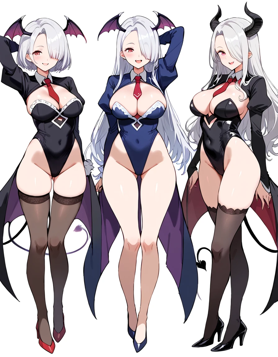 3 girls, variety of hairstyles, high fantasy costume, ((white background)), full body, multiple views, succubus, thong, shrug, leotard, cleavage, tie, hair over one eye, forehead,