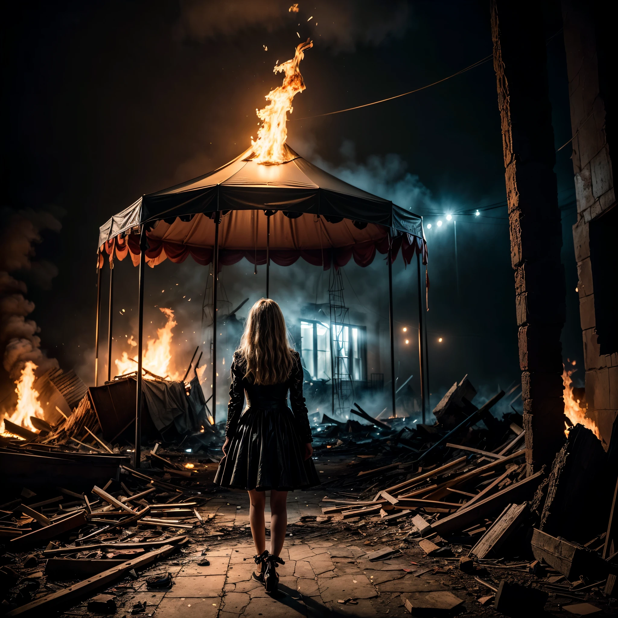 ((Style Peter Lindberg 0.4; Lee Jeffries 0.6)), ((masterpiece: 1.2), (best quality, ultra detailed, photorealistic: 1.37) high quality, high definition, super detailed, unreal engine, award-winning photograph, ultra realistic photography, 3d, 8k, cinematic lighting, volumetric lights, hard edge lighting, hyper-realistic photography, HDR, volume, A surreal, 8K masterpiece by Mark Ryden: a creepily cute girl clown stands amidst the flaming ruins of a once-vibrant circus tent. Pink hues dominate the scene, as if the very fabric of reality is bleeding. The clown's porcelain doll-like face and oversized shoes seem out of place among the apocalyptic backdrop. A sea of flickering flames illuminates her, casting eerie shadows on the charred remains of the big top.