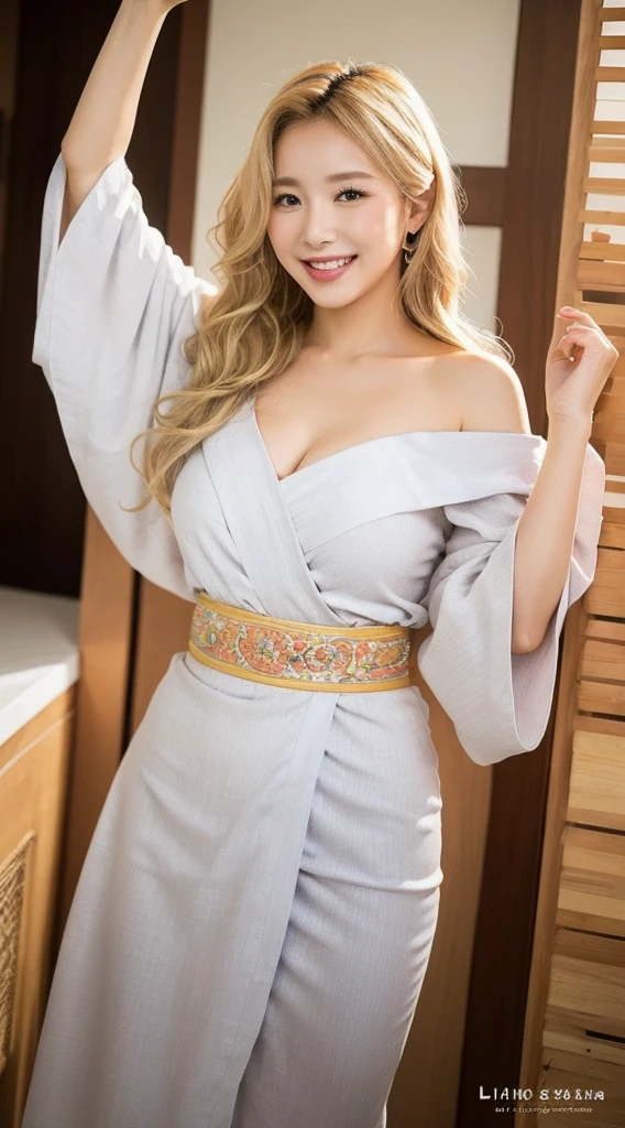 Surreal beautiful woman with blonde wavy hair and a big smile on her face.South Korea.Light color off-shoulder low-cut kimono.role play.Raise your butt up towards the camera