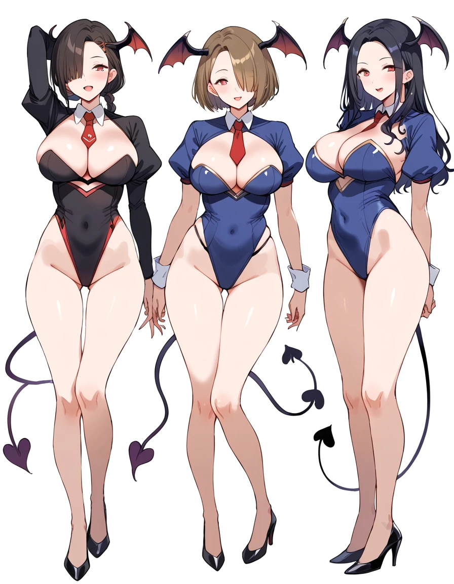 3 girls, variety of hairstyles, high fantasy costume, ((white background)), full body, multiple views, succubus, thong, shrug, leotard, cleavage, tie, hair over one eye, forehead,