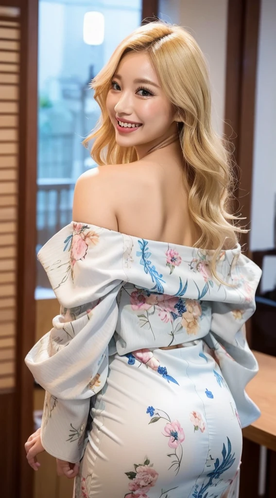 Surreal beautiful woman with blonde wavy hair and a big smile on her face.South Korea.Light color off-shoulder low-cut kimono.role play.Raise your butt up towards the camera
