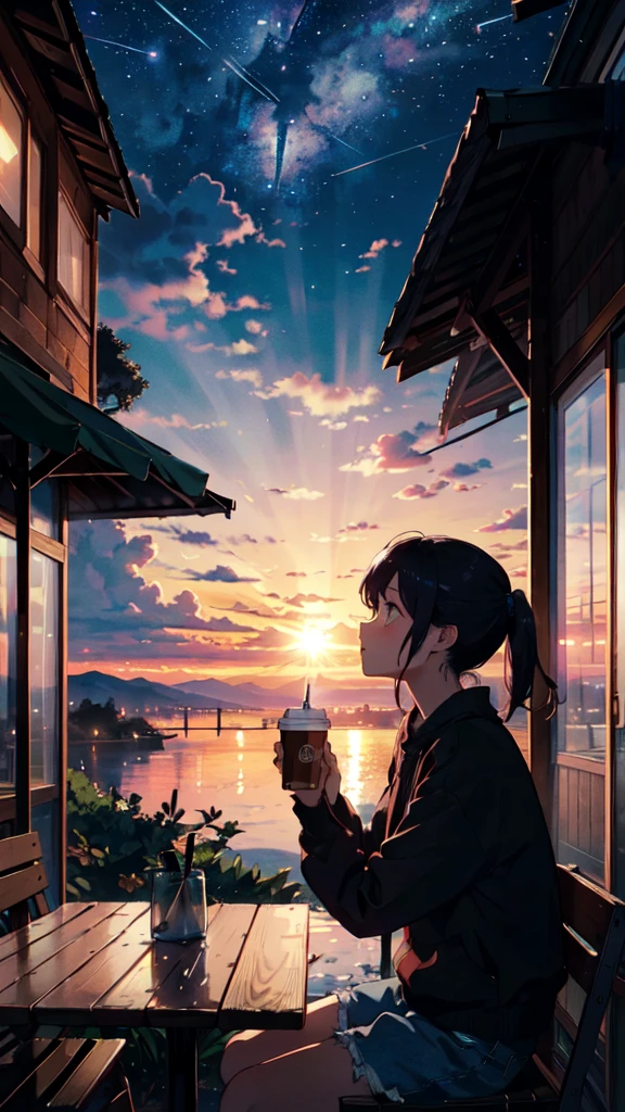 beautiful sunset, a girl drinking coffee in chair facing the sun, BREAK (masterpiece, best quality:1.2), outdoors, cafe, tradisional village, night sky, stars, moon, moonlight, beautiful clouds, cat, coffee