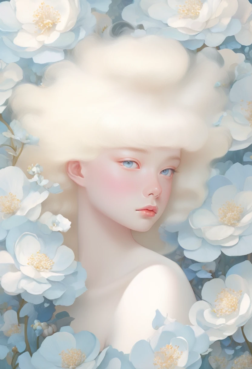 Blonde，White flowers on the face and eyes, Ultra-fine inspired by Hsiao-Ron Cheng, tumblr, Aestheticism, Gu Weiss, artwork in the style of Gu Weiss, Pastel, james jean 和 wlop, makoto kobayashi, Has a blooming and ethereal effect, Blurred dream illustration, Gu Weiss masterpiece