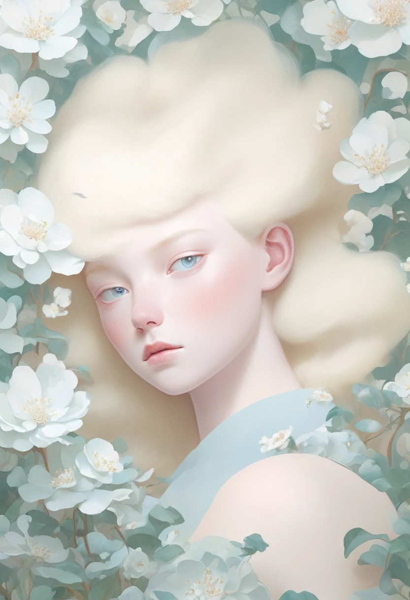 Blonde,White flowers on the face and eyes, Ultra-fine inspired by Hsiao-Ron Cheng, tumblr, Aestheticism, Gu Weiss, artwork in the style of Gu Weiss, Pastel, james jean 和 wlop, makoto kobayashi, Has a blooming and ethereal effect, Blurred dream illustration, Gu Weiss masterpiece
