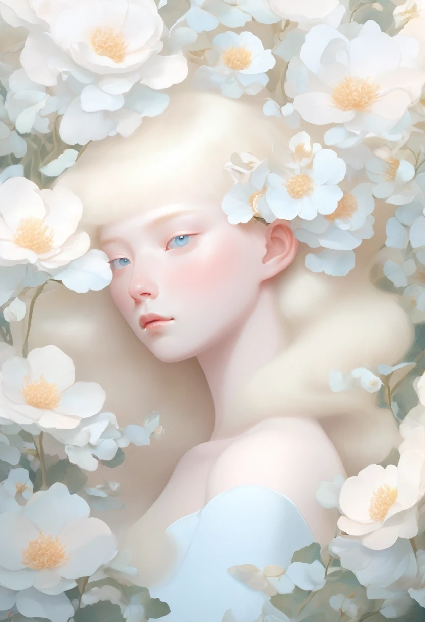 Blonde，White flowers on the face and eyes, Ultra-fine inspired by Hsiao-Ron Cheng, tumblr, Aestheticism, Gu Weiss, artwork in the style of Gu Weiss, Pastel, james jean 和 wlop, makoto kobayashi, Has a blooming and ethereal effect, Blurred dream illustration, Gu Weiss masterpiece