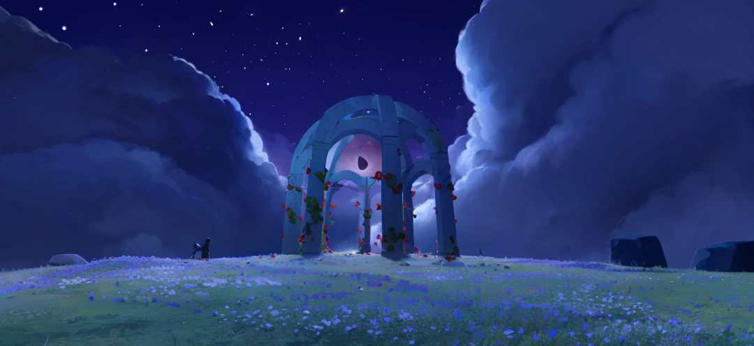 The ground is full of flowers,There are shooting stars in the sky,The moon is big