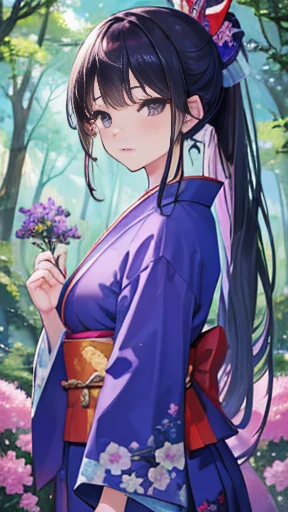 masterpiece, high quality, very detailed shading, vibrant colours, perfect face, detailed background, young Japanese woman, sparkling eyes, blue kimono, purple hakama, forest, trees,flowers, complex background, butterflies, blue sky,long black hair, low ponytail, brown eyes, frustrated expression, crying, 3/4 body