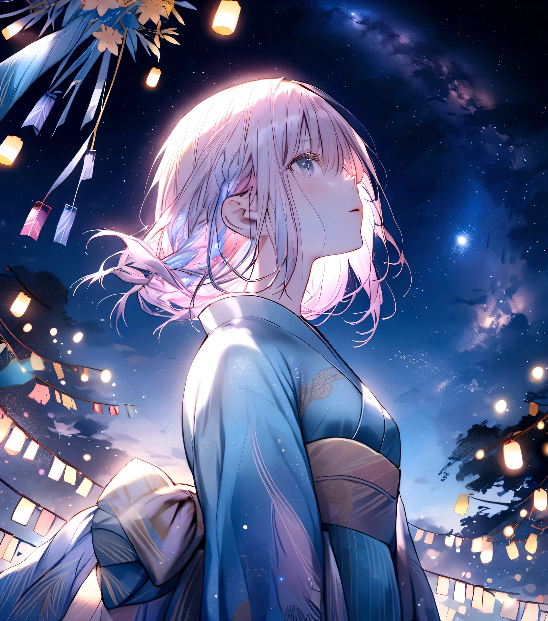 Light pink hair, braided hair, ((Tanabata Festival)), ((Pale blue kimono)), looking up at the night sky, ((Milky Way in the background))