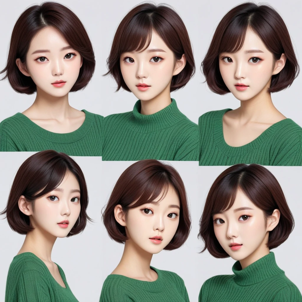 arafed asian woman with short hair and a green sweater, young charming korean face, Portrait of a female Korean idol, beautiful young korean woman, cute korean actress, with short hair, Actress from Korea, gorgeous young korean woman, junges sweet blasses asiatisches Gesicht, beautiful south korean woman, korean symmetrical face, Girl, sweet, pretty face, koreanisches Girl, korean woman