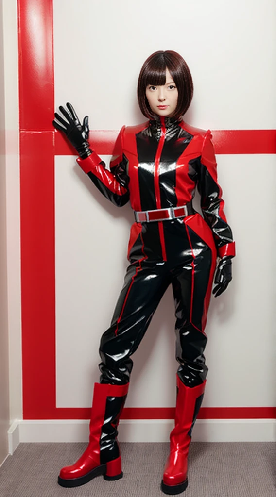 A woman in a red and black Sentai hero suit stands upright against a white wall. The suit is made of a shiny material, and she is wearing white gloves and yellow-red boots. The woman has short, shoulder-length hair and a natural look on her face.