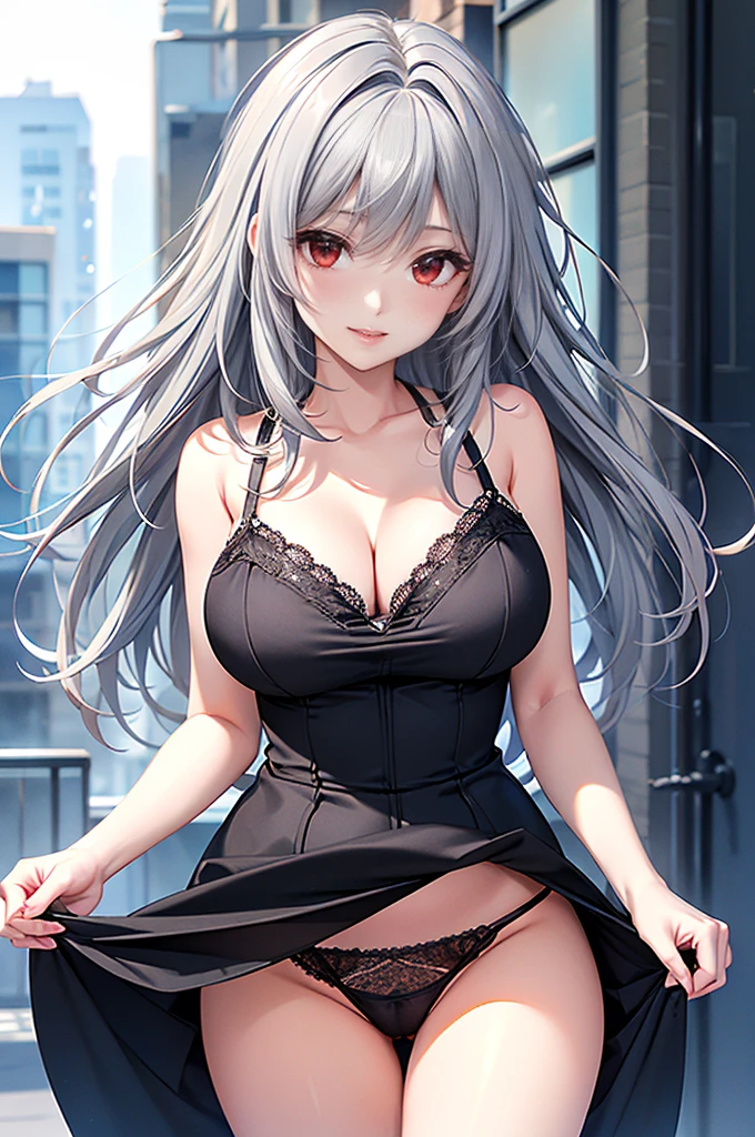 (Detailed face, Beautiful Eyes, 8K壁紙, Very detailed, beautifully、Beautiful appearance, 16K, 8K, 超High resolution, Soft lighting, Visual Key, High resolution, Highest quality, masterpiece, Digital Illustration, Only a perfectly Detailed face, (In the city, Background City), (software, full length), (Happy), ((Red eyes, 1 Girl )),(Gray Hair), Black dress, white lace thong,