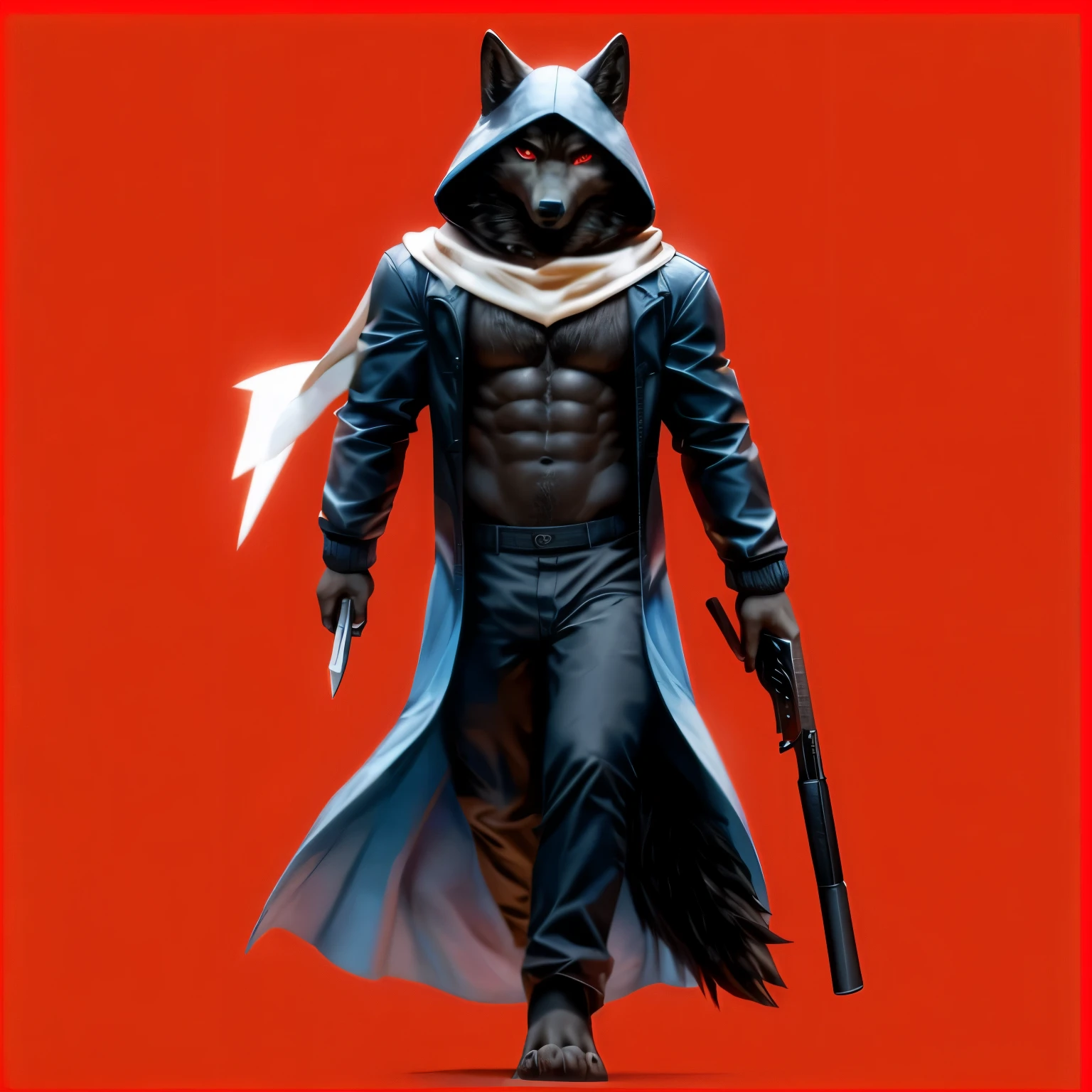 A black male anthro wolf, in a position as if walking towards us, wearing a black jacket and black pants. His chest and abdominal muscles are visible. His head is covered by the hood of the jacket. His eyes is glowing orange with red pupil. His left hand is holding a knife, and his right hand is holding a shotgun. He has a long white scarf wrapped around his jacket neck, with the end of the scarf flowing in the wind, appearing to float in the air. The jacket resembles a long cloak, giving the impression of floating behind him as if caught in strong wind while he walks. His foot is naked, his hoot is dhaped like animal foot paw. His tail is black behind his legs. Red background. Sfw