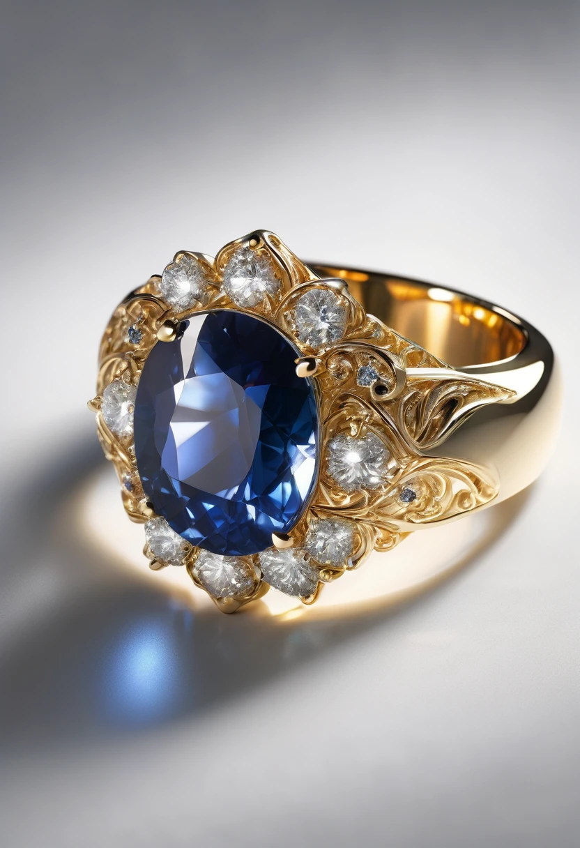 White background, a ring with a sapphire stone, jewelry design, intricate details, photorealistic, 8k, best quality, highly detailed, masterpiece, precious gemstone, elegant, luxurious, shiny gold, flawless finish, realistic lighting, studio lighting, sharp focus, cinematic, chiaroscuro, dramatic lighting, glowing, atmospheric