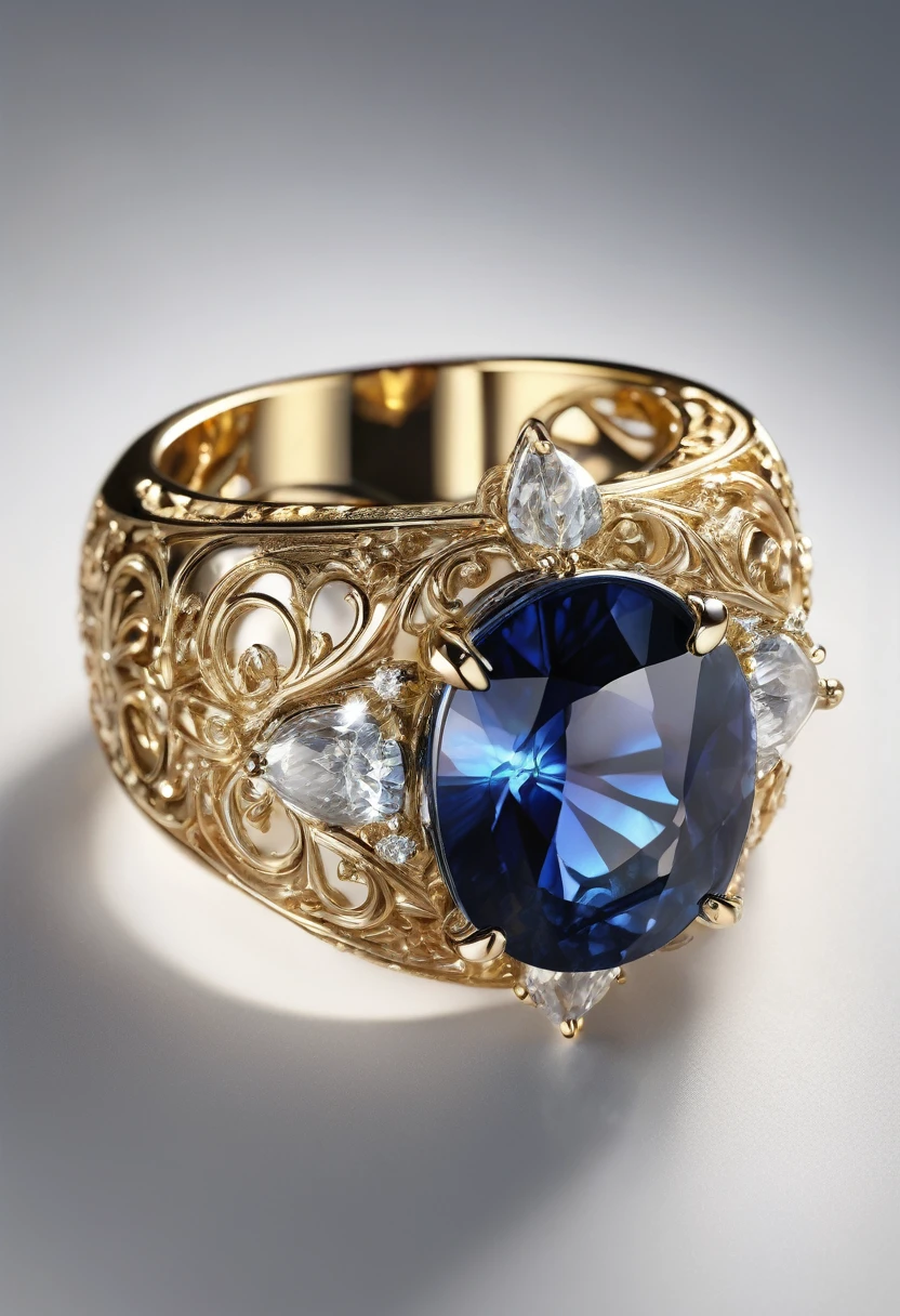 White background, a ring with a sapphire stone, jewelry design, intricate details, photorealistic, 8k, best quality, highly detailed, masterpiece, precious gemstone, elegant, luxurious, shiny gold, flawless finish, realistic lighting, studio lighting, sharp focus, cinematic, chiaroscuro, dramatic lighting, glowing, atmospheric