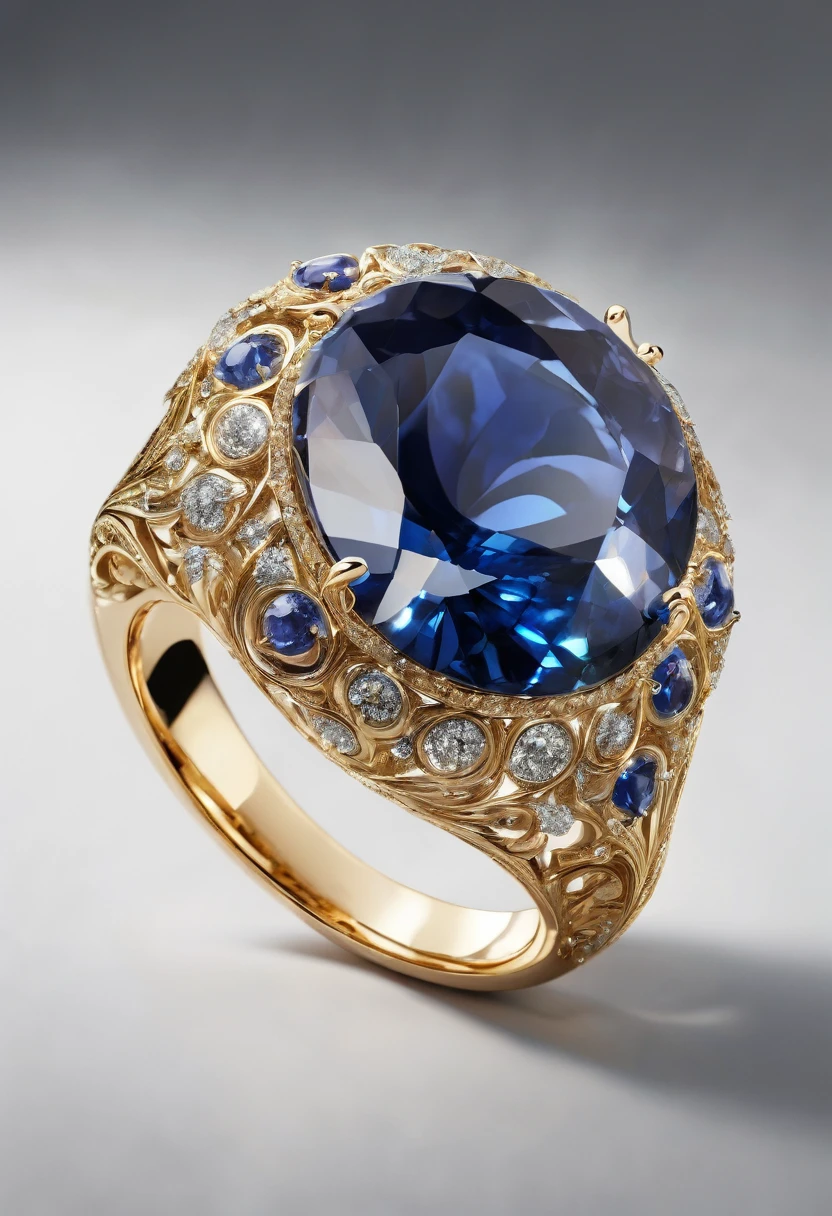 White background, a ring with a sapphire stone, jewelry design, intricate details, photorealistic, 8k, best quality, highly detailed, masterpiece, precious gemstone, elegant, luxurious, shiny gold, flawless finish, realistic lighting, studio lighting, sharp focus, cinematic, chiaroscuro, dramatic lighting, glowing, atmospheric