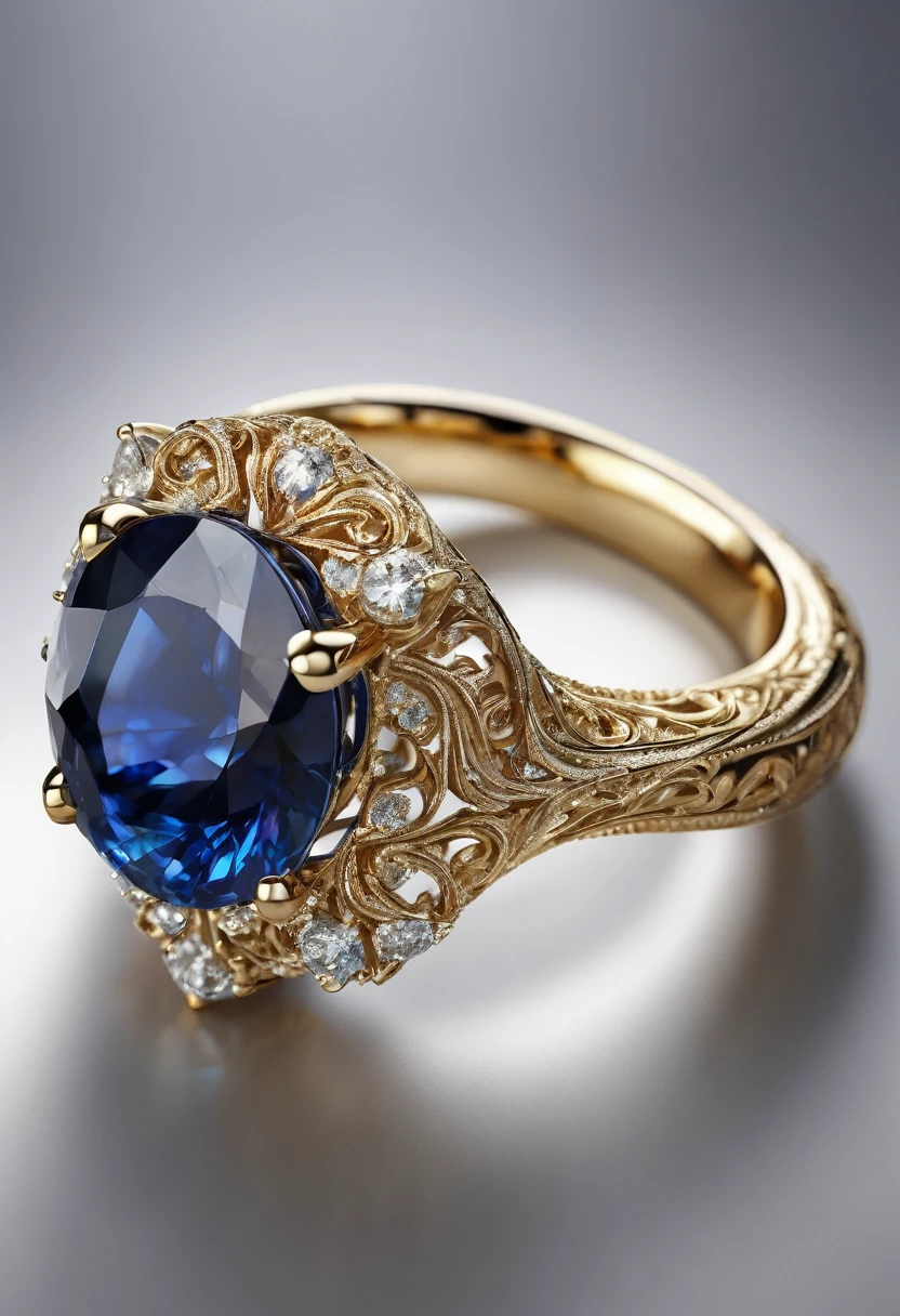 White background, a ring with a sapphire stone, jewelry design, intricate details, photorealistic, 8k, best quality, highly detailed, masterpiece, precious gemstone, elegant, luxurious, shiny gold, flawless finish, realistic lighting, studio lighting, sharp focus, cinematic, chiaroscuro, dramatic lighting, glowing, atmospheric