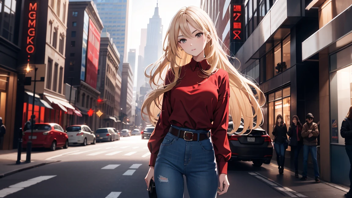 1girl, waist length blond hair, brown eyes, wearing red shirt, light denim jeans with black belt, knee high black boots, city, absurdres, high res, ultrasharp, 8K, masterpiece, looking at viewer