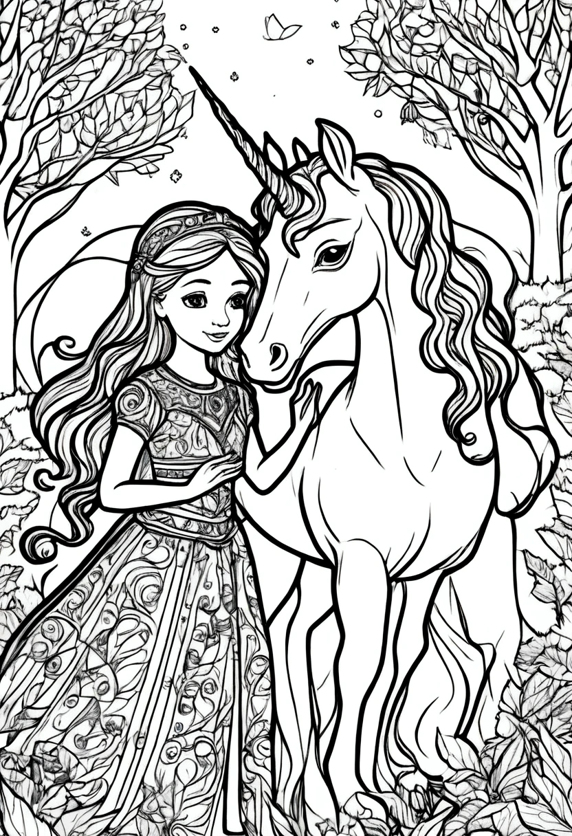 (A black and white coloring book:1.5), A unicorn and princess playing with friendly woodland creatures, clean line art, white background, colouring page, clean outline