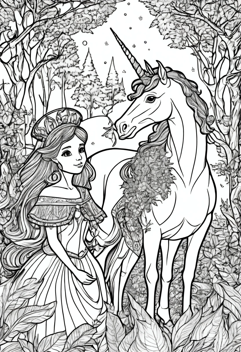 (A black and white coloring book:1.5), A unicorn and princess playing with friendly woodland creatures, clean line art, white background, colouring page, clean outline