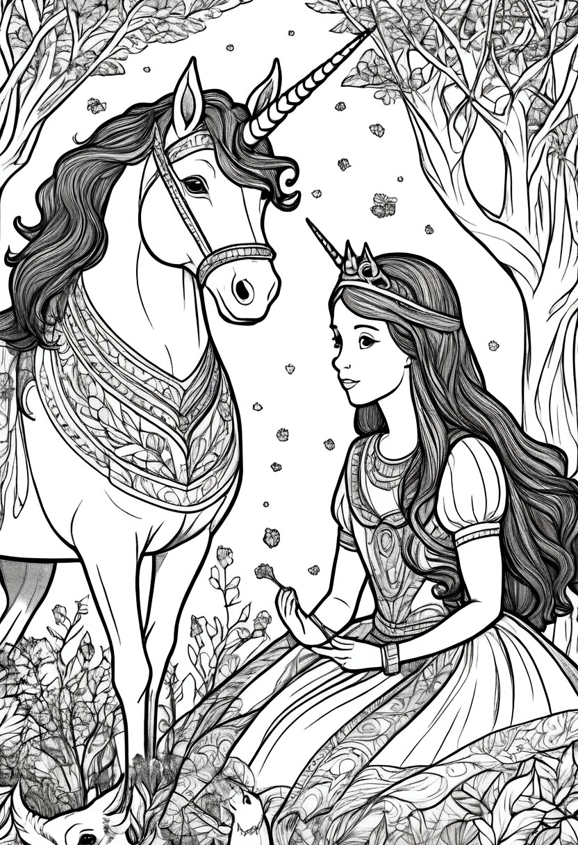 (A black and white coloring book:1.5), A unicorn and princess playing with friendly woodland creatures, clean line art, white background, colouring page, clean outline