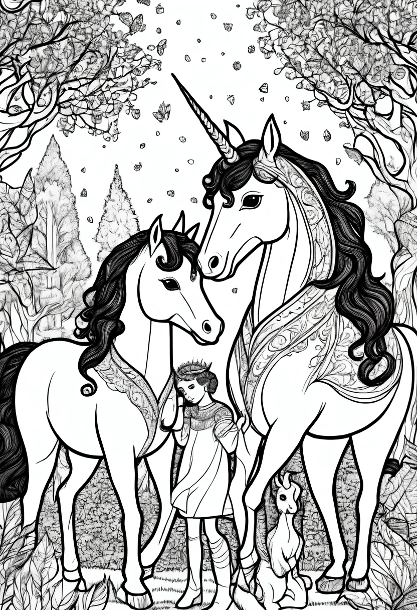 (A black and white coloring book:1.5), A unicorn and princess playing with friendly woodland creatures, clean line art, white background, colouring page, clean outline