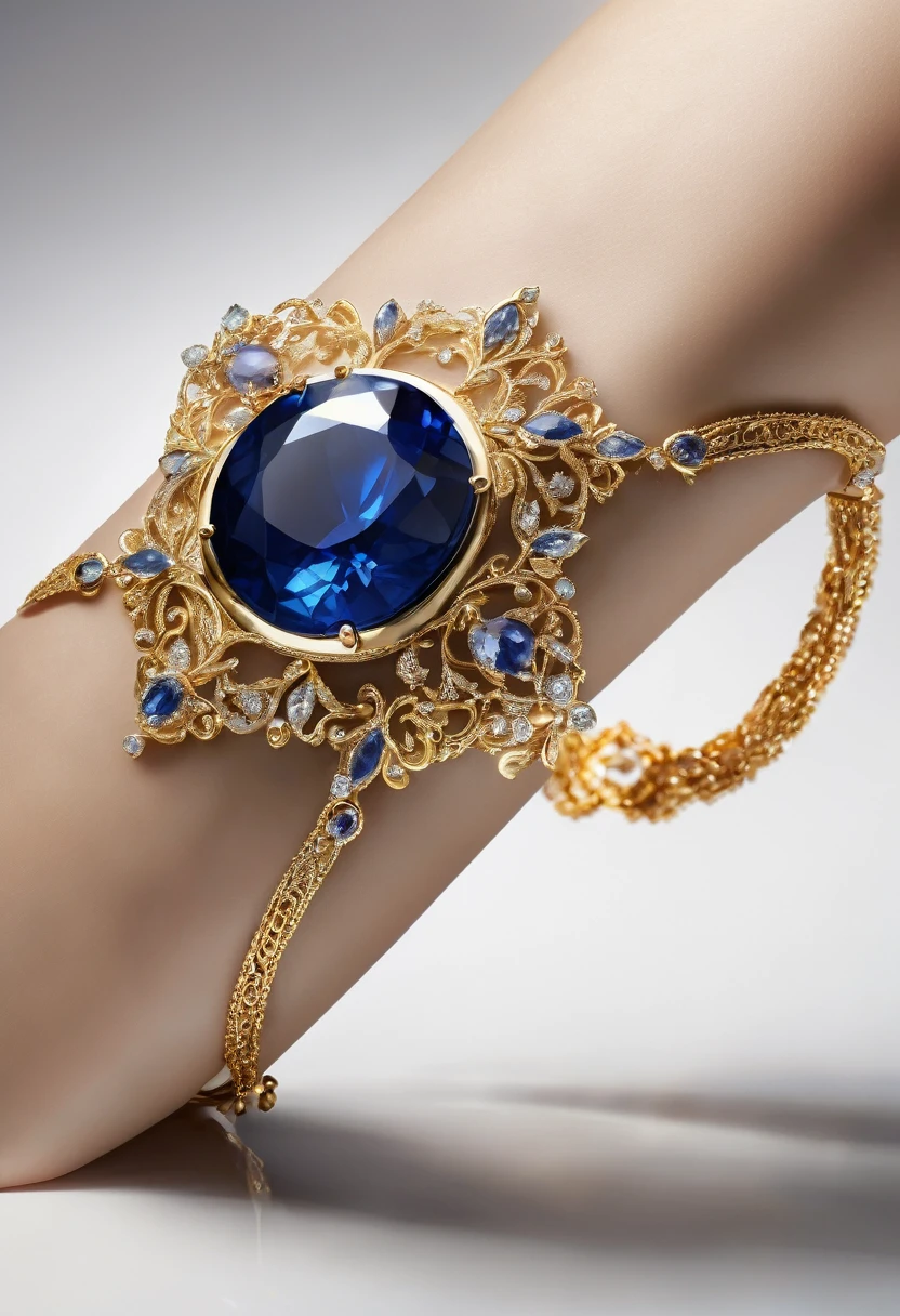 White background, an arm bracelet with a sapphire stone, jewelry design, intricate details, photorealistic, 8k, best quality, highly detailed, masterpiece, precious gemstone, elegant, luxurious, shiny gold, flawless finish, realistic lighting, studio lighting, sharp focus, cinematic, chiaroscuro, dramatic lighting, glowing, atmospheric