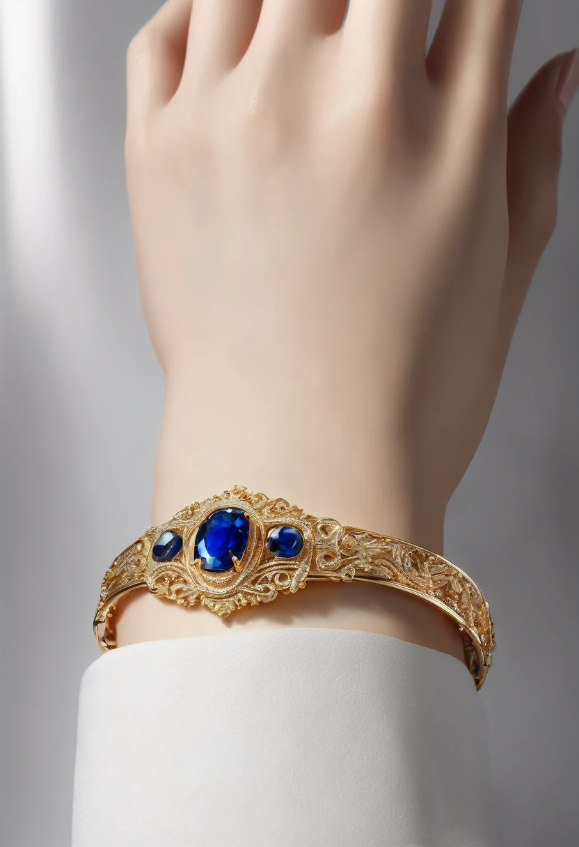 White background, an arm bracelet with a sapphire stone, jewelry design, intricate details, photorealistic, 8k, best quality, highly detailed, masterpiece, precious gemstone, elegant, luxurious, shiny gold, flawless finish, realistic lighting, studio lighting, sharp focus, cinematic, chiaroscuro, dramatic lighting, glowing, atmospheric