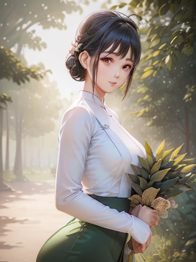 a beautiful girl in vintage colors aodai , masterpiece,(  A green pine silk dress with a white top ) best quality, realistic:1.3, street, cyberpunk, holding bundle of adubon sunlight, backlighting, ((well pper Adhere to clear natural light hdr))), intricate scene, artstation, intricate details, vignettefullbudy((cartoon))Hd Hd