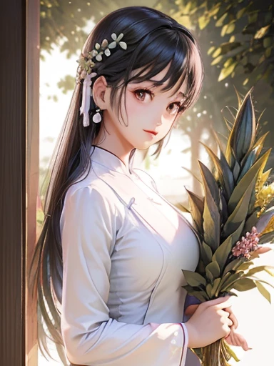 a beautiful girl in vintage colors aodai , masterpiece,( A green pine silk dress with a white top ) best quality, realistic:1.3, street, cyberpunk, holding bundle of adubon sunlight, backlighting, ((well pper Adhere to clear natural light hdr))), intricate scene, artstation, intricate details, vignettefullbudy((cartoon))Hd Hd