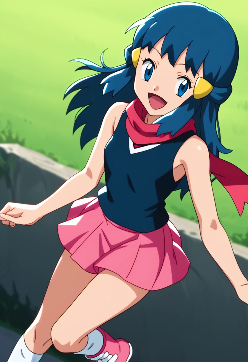 score_9, score_8_up, score_7_up, source anime, anime, animification, anime screencap, anime coloring, vivid colors, shiny skin, skindentation, deep skin, depth of field, high quality, highres, (dynamic angle,dynamic pose), dawncheerxl, 1girl, solo, long hair, looking at viewer, smile, open mouth, blue eyes, black sleeveless shirt, pink scarf, pink skirt, pink boots,outdoors, hair ornament, sky, holding, blue hair, :d, sidelocks, tongue, socks, hairclip, eyelashes , dawn \(pokemon\) BREAK masterpiece,high quality