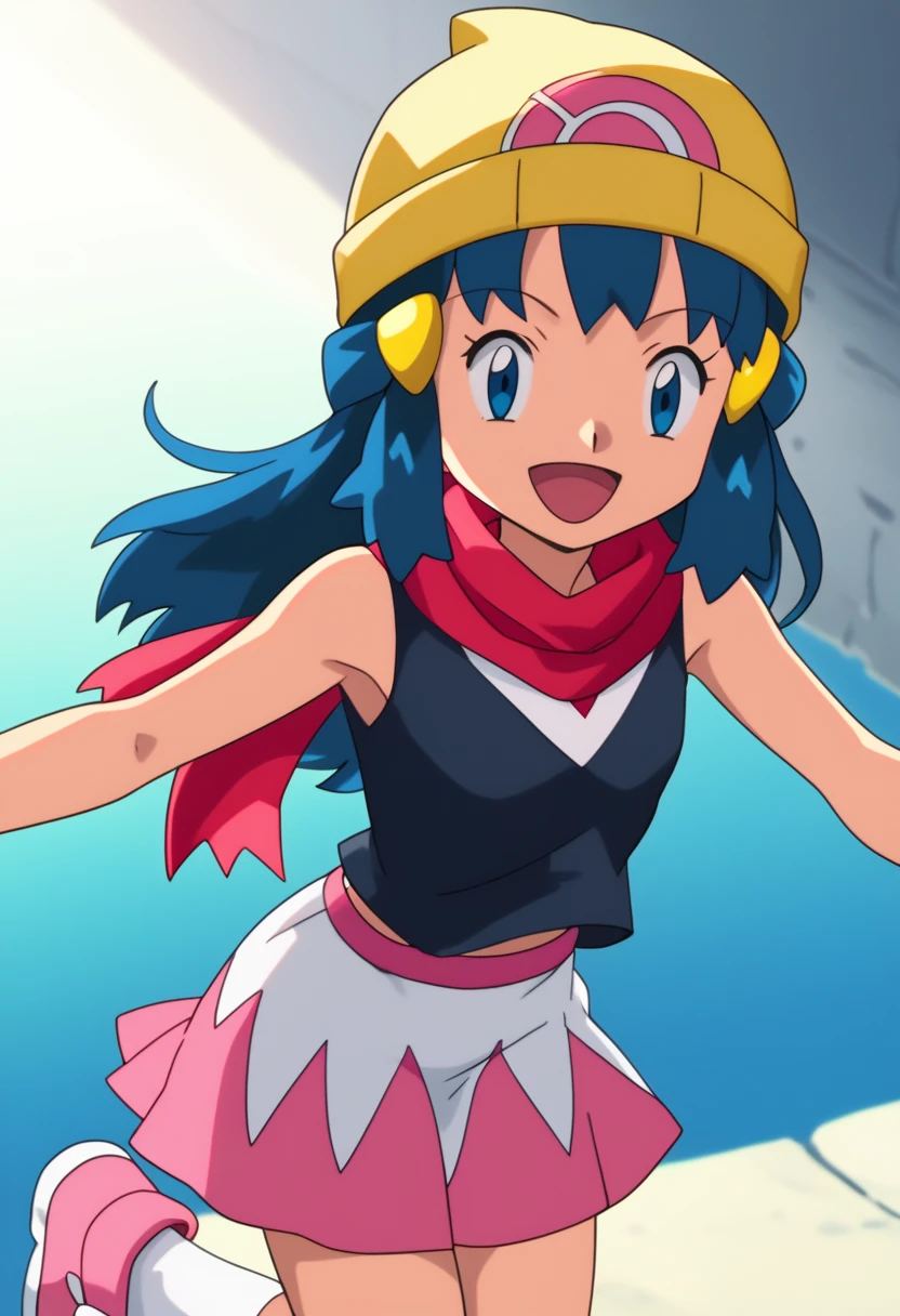 score_9, score_8_up, score_7_up, source anime, anime, animification, anime screencap, anime coloring, vivid colors, shiny skin, skindentation, deep skin, depth of field, high quality, highres, (dynamic angle,dynamic pose), dawncheerxl, 1girl, solo, long hair, looking at viewer, smile, open mouth, blue eyes, black sleeveless shirt, pink scarf, pink skirt, pink boots,outdoors, hair ornament, sky, holding, blue hair, :d, sidelocks, tongue, socks, hairclip, eyelashes , dawn \(pokemon\) BREAK masterpiece,high quality