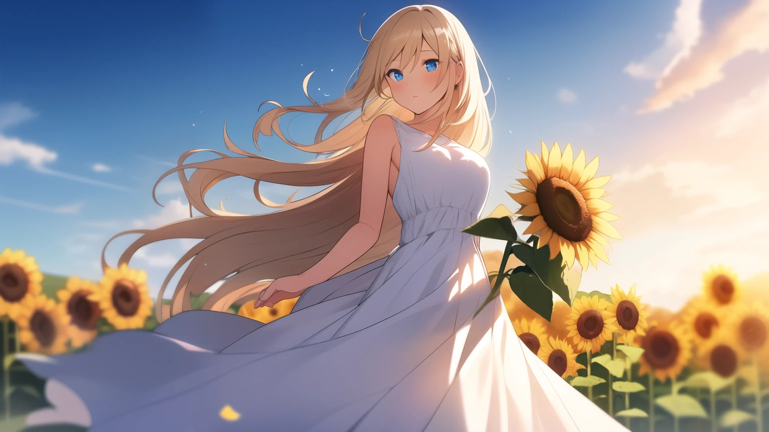 ((best quality)), ((masterpiece)), (detailed), 1 Girl, White long hair，Flowing hair，Eye，dress，Suspender dress，Blue sky，White Cloud，Sunlight，sunflower，Composition，The figure is in the center