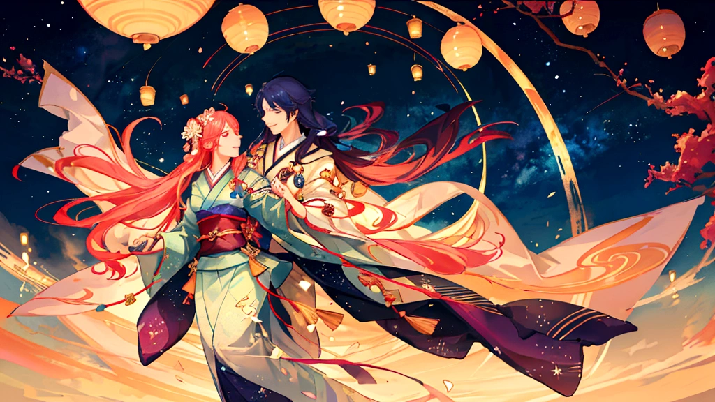 A magical scene depicting the Tanabata legend of Orihime and Hikoboshi. The setting is a celestial night sky with countless stars and the Milky Way creating a shimmering path. Orihime, dressed in a flowing traditional Japanese kimono, and Hikoboshi, in a matching elegant robe, are portrayed as graceful and ethereal figures. They are meeting on a beautiful celestial bridge made of stars, appearing radiant and joyous. The background features soft, glowing clouds and mystical auroras that enhance the romantic and mythical atmosphere. Surrounding the couple, there are delicate, floating paper lanterns and gentle lights that add a dreamy quality to the scene