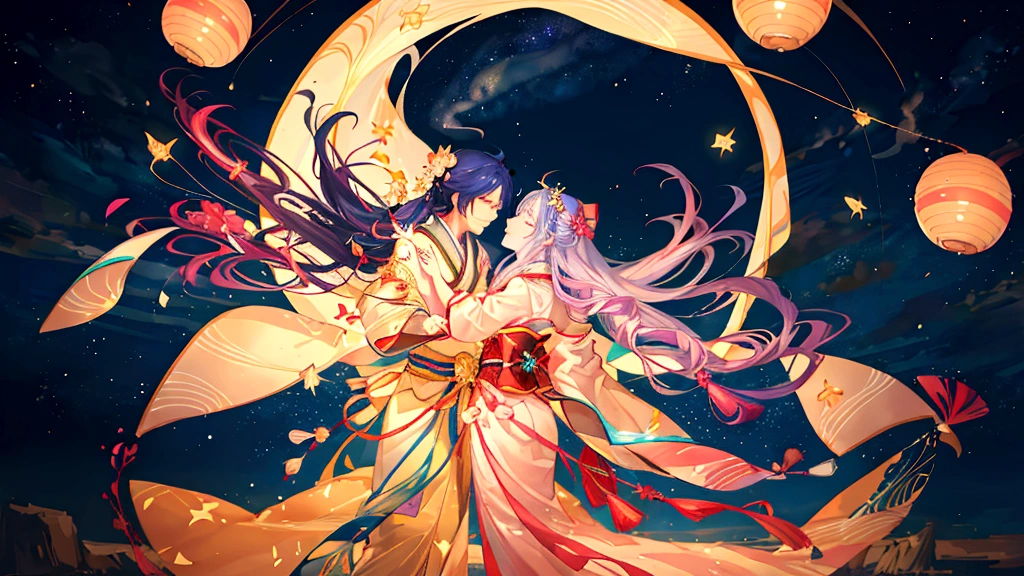 A magical scene depicting the Tanabata legend of Orihime and Hikoboshi. The setting is a celestial night sky with countless stars and the Milky Way creating a shimmering path. Orihime, dressed in a flowing traditional Japanese kimono, and Hikoboshi, in a matching elegant robe, are portrayed as graceful and ethereal figures. They are meeting on a beautiful celestial bridge made of stars, appearing radiant and joyous. The background features soft, glowing clouds and mystical auroras that enhance the romantic and mythical atmosphere. Surrounding the couple, there are delicate, floating paper lanterns and gentle lights that add a dreamy quality to the scene