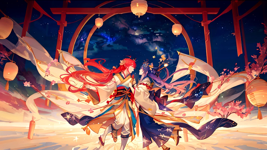 A magical scene depicting the Tanabata legend of Orihime and Hikoboshi. The setting is a celestial night sky with countless stars and the Milky Way creating a shimmering path. Orihime, dressed in a flowing traditional Japanese kimono, and Hikoboshi, in a matching elegant robe, are portrayed as graceful and ethereal figures. They are meeting on a beautiful celestial bridge made of stars, appearing radiant and joyous. The background features soft, glowing clouds and mystical auroras that enhance the romantic and mythical atmosphere. Surrounding the couple, there are delicate, floating paper lanterns and gentle lights that add a dreamy quality to the scene