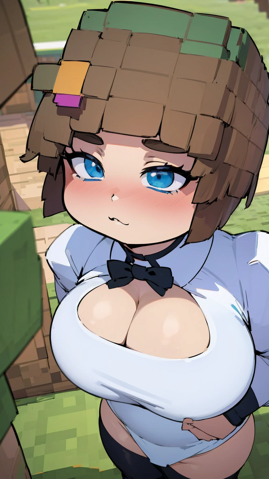 masterpiece, best quality, ultra-detailed, Potrait of beautiful , (chubby) (muscular), (plump), (sexy), (cleavage), ((tomboy)), (anime), (張った乳), (ムチムチ), ((very short hair)), ((Uzaki Hana)), (overweight), ((垂れ下がった乳)), (blue eyes), (へそ), (blue eyes), (へそ出し), (minecraft), 