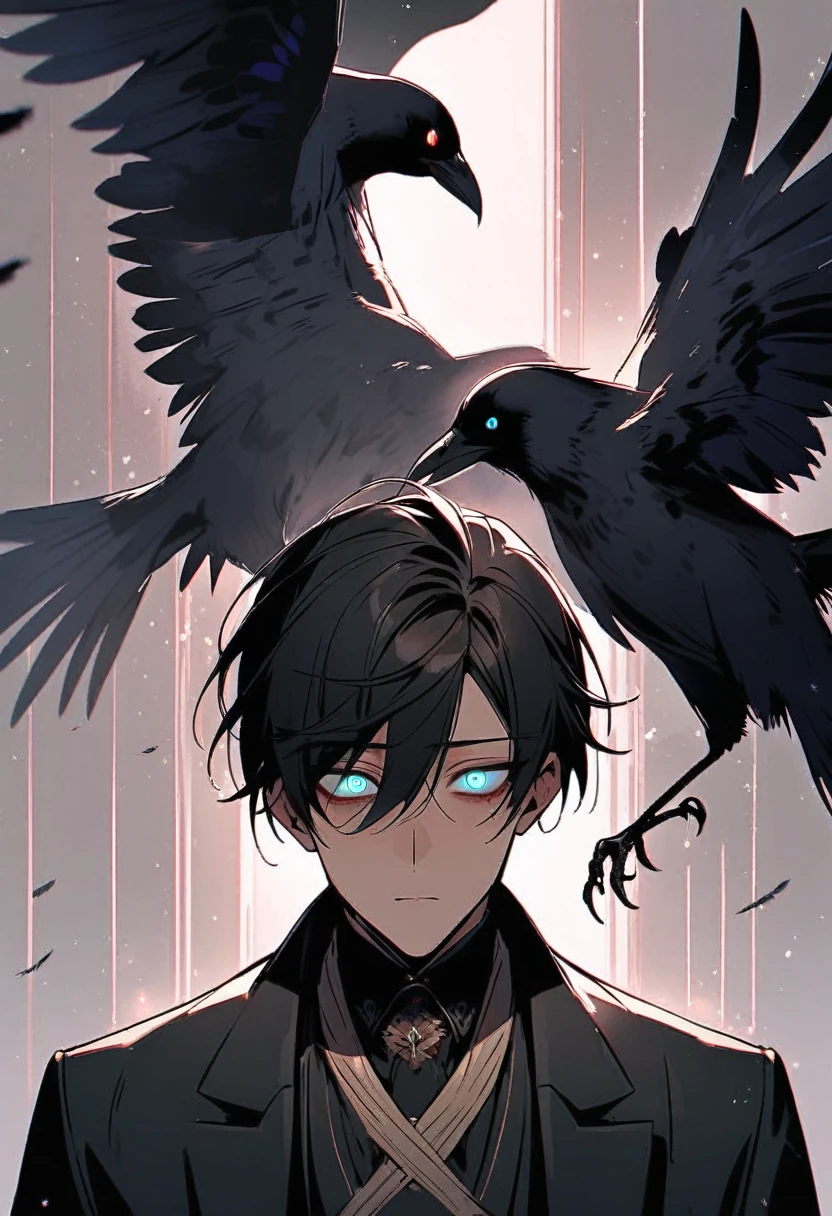 man, vest, black coat, conjunctivitis, black hair, crow, glowing eyes, Separate bangs, quiet face, handsome, Yandere