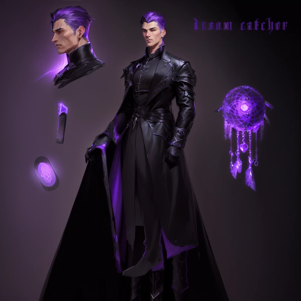 a man in a black coat and a purple hat is standing, !dream concept art, Ryan Glitter Concept Artist, unrealistic character concept, The concept of a fantasy character, Fantasy Character Design, realistic character concept, dark Fantasy Character Design, ( ( character concept art ) ), detailed character design, detailed character art, video game character concept, Male character design, game character concept art