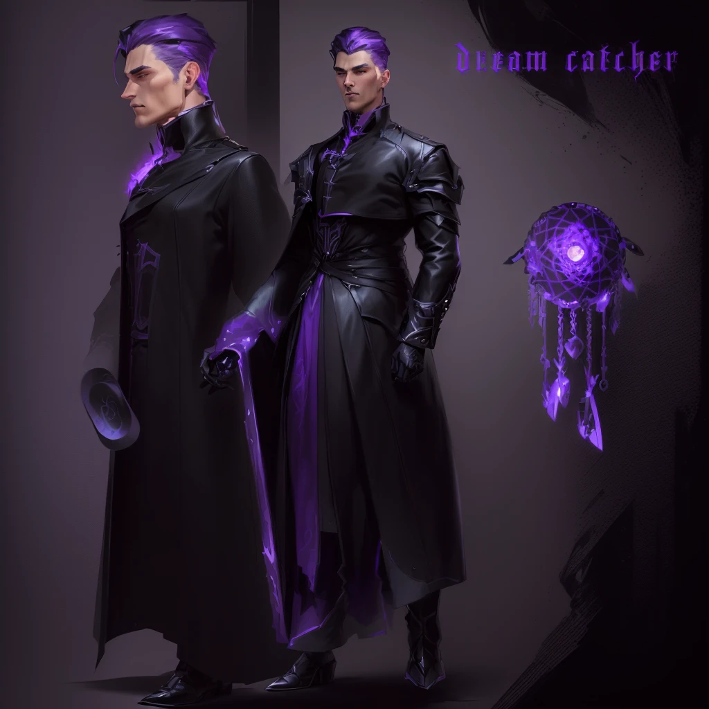 a man in a black coat and a purple hat is standing, !dream concept art, Ryan Glitter Concept Artist, unrealistic character concept, The concept of a fantasy character, Fantasy Character Design, realistic character concept, dark Fantasy Character Design, ( ( character concept art ) ), detailed character design, detailed character art, video game character concept, Male character design, game character concept art