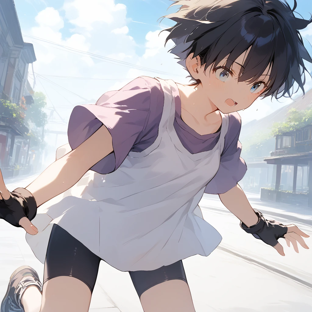 score_9, score_8_up, score_7_up, source_anime, best quality, masterpiece, official art, absurdres, highres, ultra-detailed,waifu2x,Collection: Slice of Life,break,1girl, short hair, spiked hair, blue eyes, bike shorts, purple shirt, (white shirt), fingerless gloves, sweat, open mouth, sleepily,  outdoors, wind,break,(clear line illustration:1.2), super detailed skin,very high resolution, very aesthetic, Best sexual lighting powered by famous artist, 8k,cute picture,beauty illustration,photoshop_(medium),,(Detailed Lighting),best anime 8k konachan wallpaper, pixiv contest winner, 