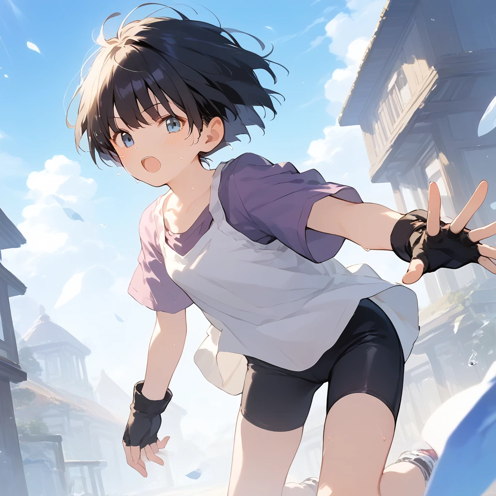 score_9, score_8_up, score_7_up, source_anime, best quality, masterpiece, official art, absurdres, highres, ultra-detailed,waifu2x,Collection: Slice of Life,break,1girl, short hair, spiked hair, blue eyes, bike shorts, purple shirt, (white shirt), fingerless gloves, sweat, open mouth, sleepily, outdoors, wind,break,(clear line illustration:1.2), super detailed skin,very high resolution, very aesthetic, Best sexual lighting powered by famous artist, 8k,cute picture,beauty illustration,photoshop_(medium),,(Detailed Lighting),best anime 8k konachan wallpaper, pixiv contest winner,