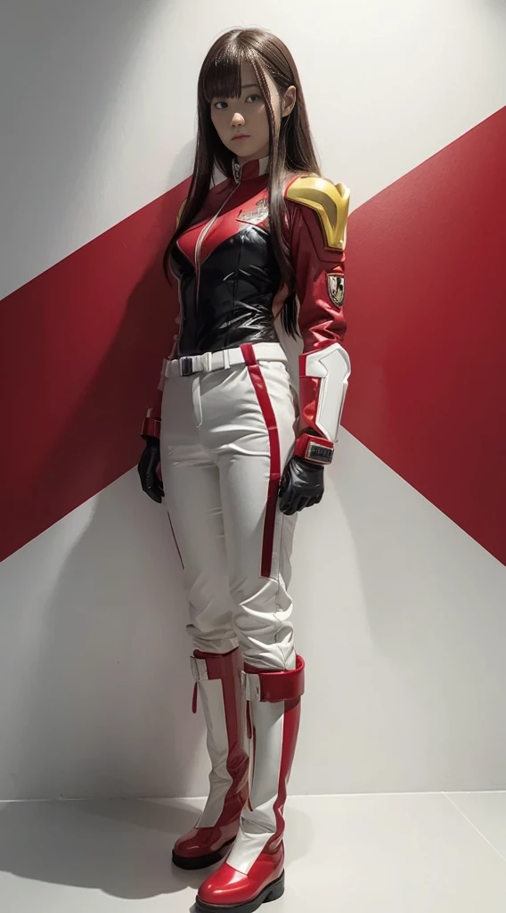 A woman in a red and black Sentai hero suit stands upright against a white wall. The suit is made of a shiny material, and she is wearing white gloves and yellow-red boots. The woman has short, shoulder-length hair and a natural look on her face.